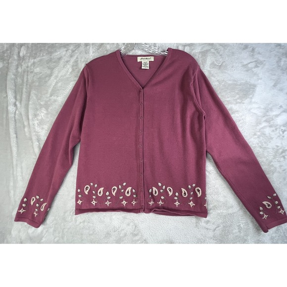 Eddie Bauer Sweaters - VTG Eddie Bauer‎ Womens S Cardigan Snap Front Embroidered Mauve Rose